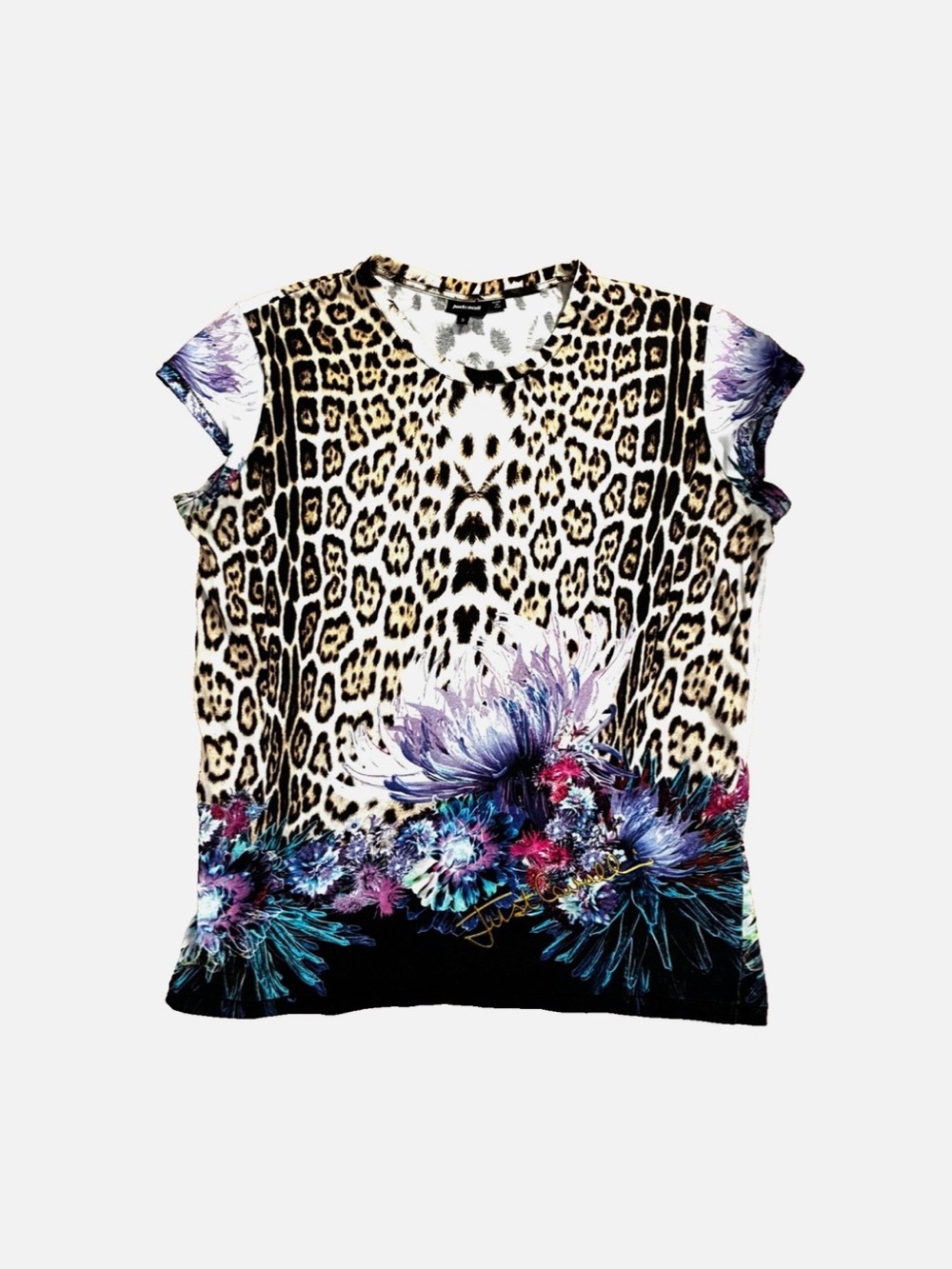 Just Cavalli Leopard Print Short Sleeve Tee with Purple Floral Border